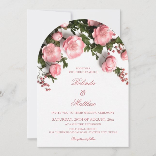 Elegant Pink Greenery 3D Roses Wedding Invitation (Front)