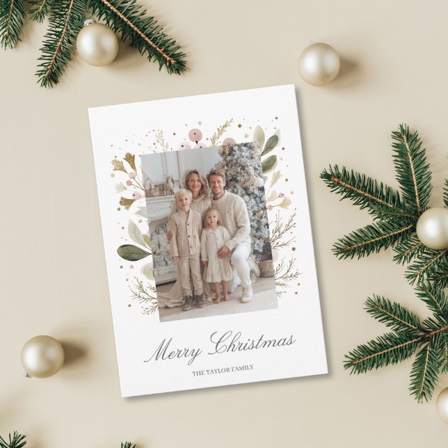 Elegant Pink Greenery Christmas Family Photo Holiday Card (pale green and blush pink christmass greenery photo card)