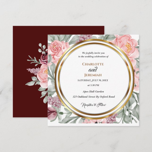 Elegant Pink Greenery Circle Frame Wedding  Invitation (Front/Back)