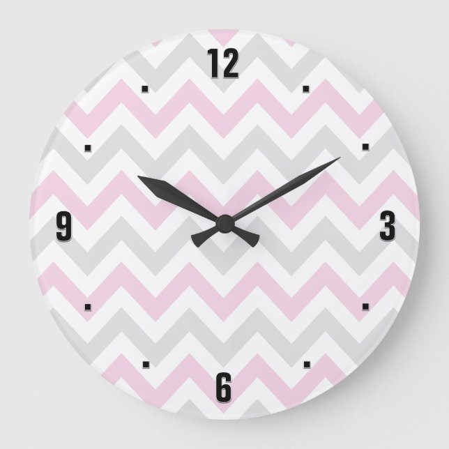 Elegant Pink, Grey and White Chevron Pattern Large Clock (Front)