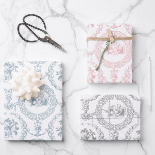 Elegant Pink, Grey & Blue on White Engraved Floral Wrapping Paper Sheet