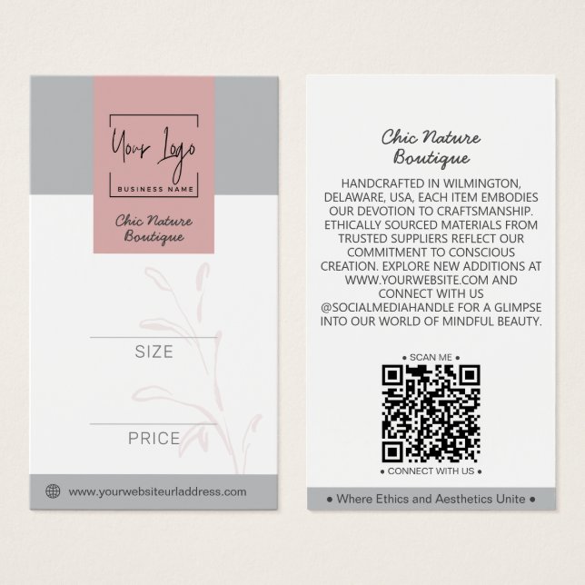 Elegant Pink & Grey Botanical Social QR Price Tag (Front & Back)