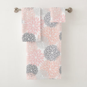 Elegant Pink Grey Dahlia Floral Bath Towel Set