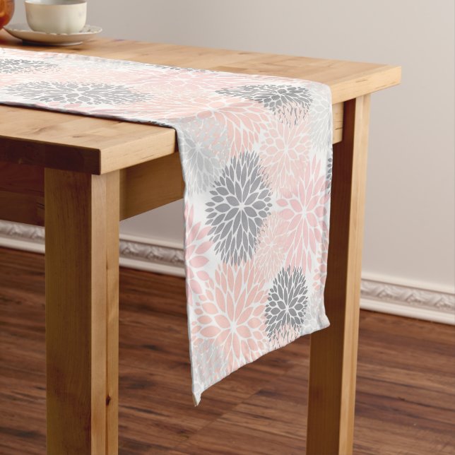 Elegant Pink Grey Dahlia Floral Short Table Runner (In Situ)