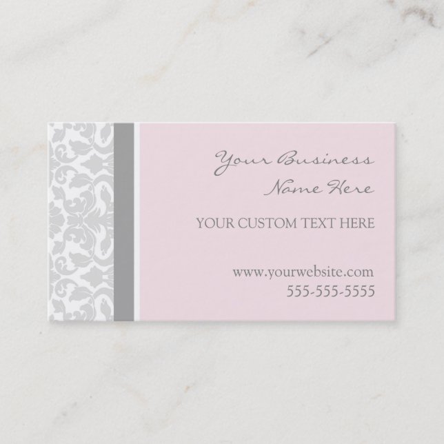 Elegant Pink Grey Damask Business Cards (Front)