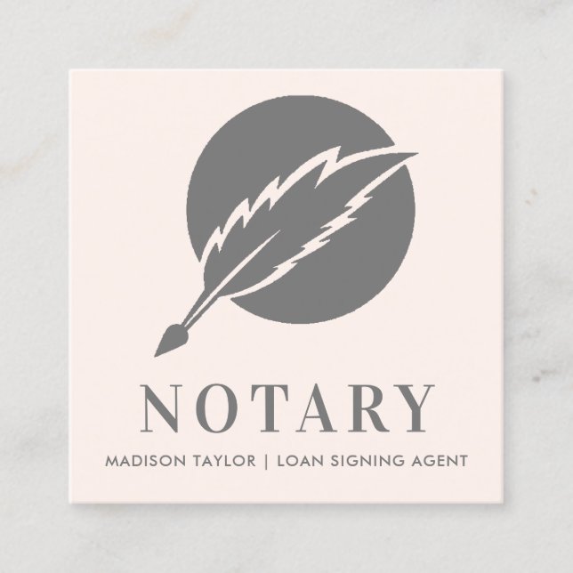 Elegant Pink Grey Feather Quill Nib Public Notary Square Business Card (Front)