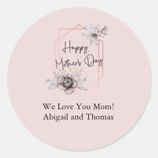Elegant Pink Grey Floral Mother's Day Personalise Classic Round Sticker (Front)