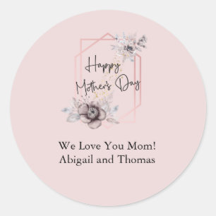 Elegant Pink Grey Floral Mother's Day Personalise Classic Round Sticker