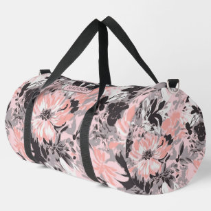 Elegant Pink Grey Floral Pattern Personalised Name Duffle Bag