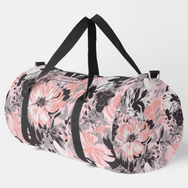 Elegant Pink Grey Floral Pattern Personalised Name Duffle Bag (Left Corner)