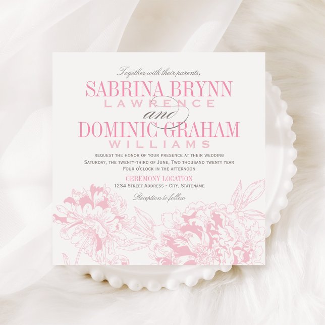 Elegant Pink Grey Floral Peony Wedding Invitation (Creator Uploaded)