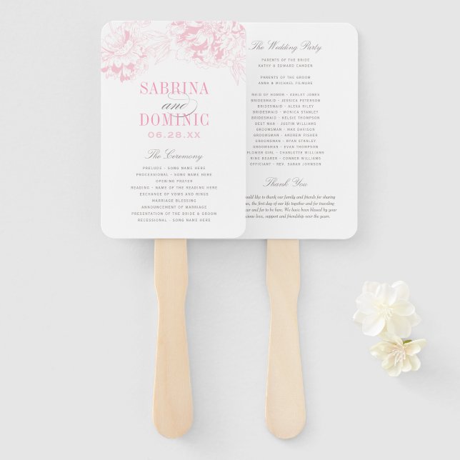 Elegant Pink Grey Floral Peony Wedding Program Hand Fan (Front and Back)