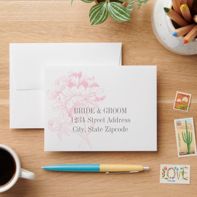 Elegant Pink Grey Floral Peony Wedding RSVP Envelope (Desk)