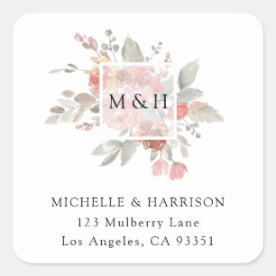 Elegant Pink Grey Floral Watercolor Return Address Square Sticker