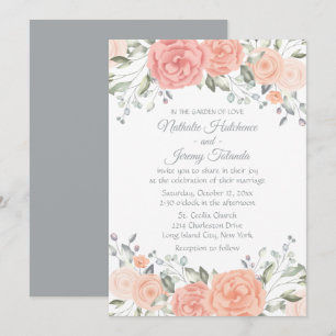 Elegant Pink Grey Floral Wedding Watercolor Grey Invitation