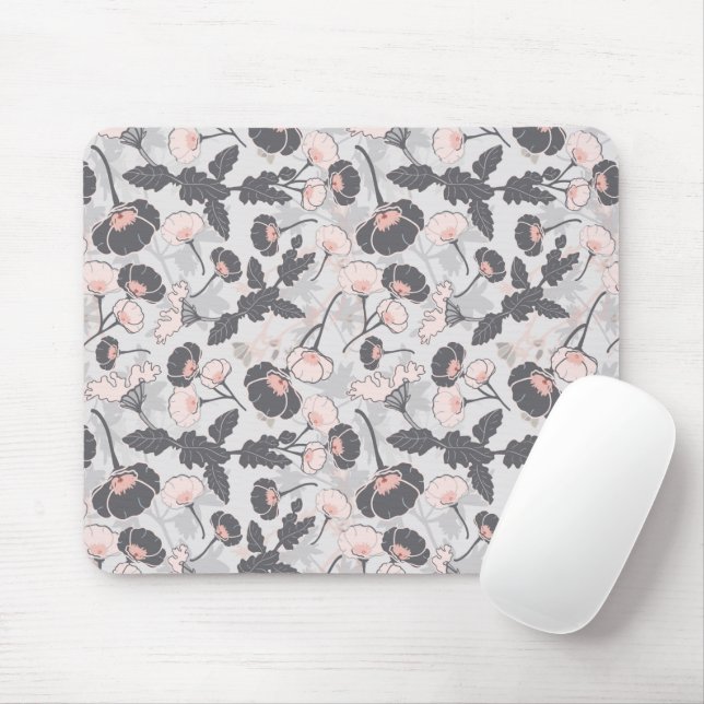 Elegant Pink Grey Flowers Mouse Mat (With Mouse)
