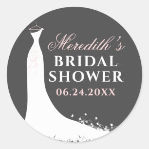 Elegant Pink Grey Gown Bridal Shower Classic Round Sticker