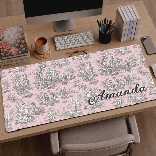 Elegant Pink Grey Monogram Toile de Jouy Desk Mat