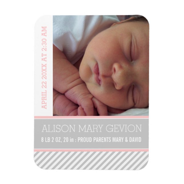 Elegant pink, grey striped baby girl birth magnet (Vertical)