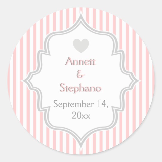 Elegant pink, grey stripes wedding Save the Date Classic Round Sticker (Front)