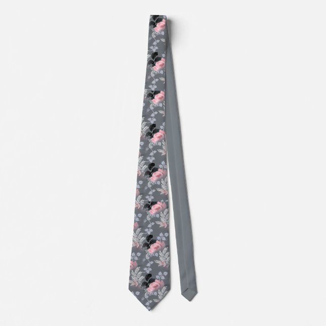 Elegant Pink Grey Vintage Floral Pattern Tie (Front)