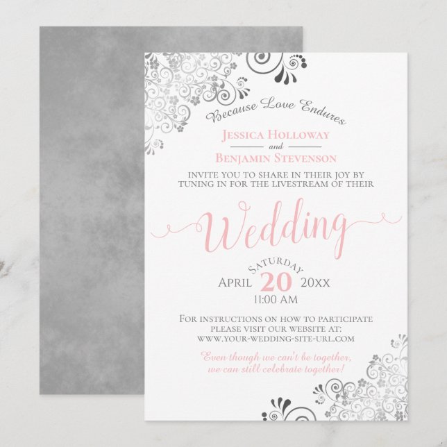 Elegant Pink & Grey Virtual Wedding Livestream Invitation (Front/Back)