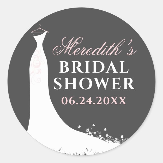 Elegant Pink Grey Wedding Gown Bridal Shower Classic Round Sticker (Front)