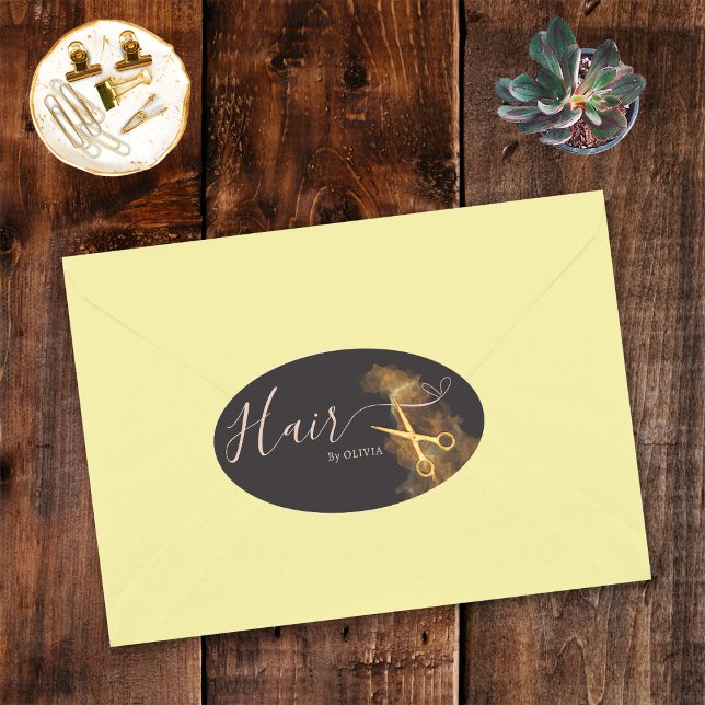 Elegant Pink Hairstylist Gold Scissor Hair Dresser Oval Sticker (Creator Uploaded)