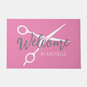 Elegant Pink Hairstylist Salon Name Doormat