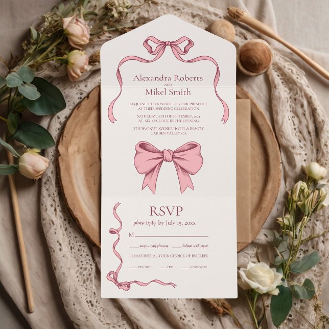 Elegant Pink Hand Drawn Bow Wedding All In One Invitation (Creator Uploaded)
