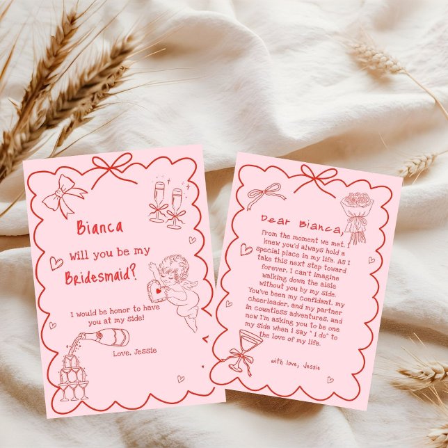  Elegant Pink Hand Drawn Bridesmaid Proposal Card (Creator Uploaded)