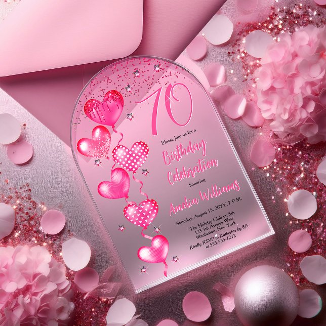 Elegant Pink Heart Balloons 70th Birthday Party Acrylic Invitations (Elegant Pink Heart Balloons "70" 70th Birthday Party Arched Acrylic Invitation)