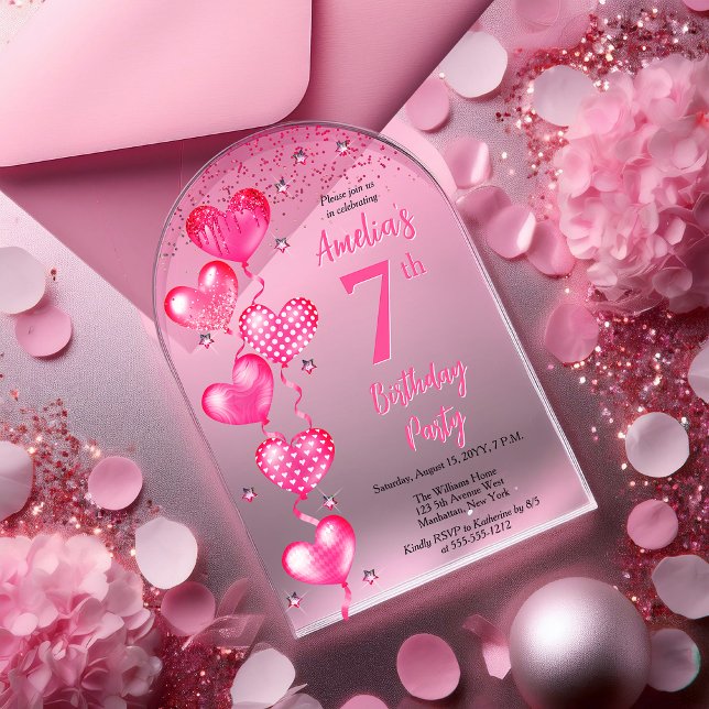Elegant Pink Heart Balloons 7th Birthday Party Acrylic Invitations (Elegant Pink Heart Balloons "7" 7th Birthday Party Arched Acrylic Invitation)