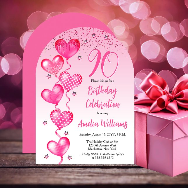 Elegant Pink Heart Balloons 90th Birthday Party Invitation (Elegant Pink Heart Balloons 90th Birthday Party Arched Invitation)