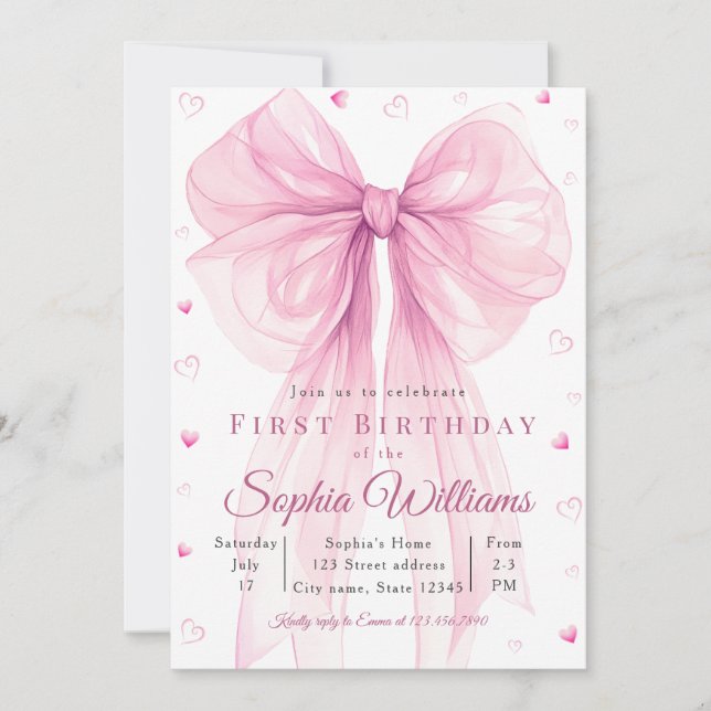 Elegant Pink Heart Bow Baby Shower Invitation (Front)