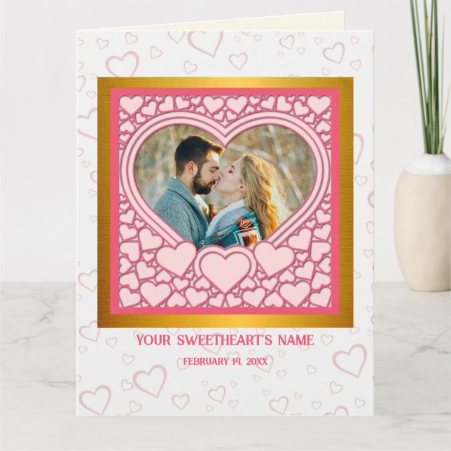 Elegant Pink Heart Happy Valentine's Day Stylish Card (Front)