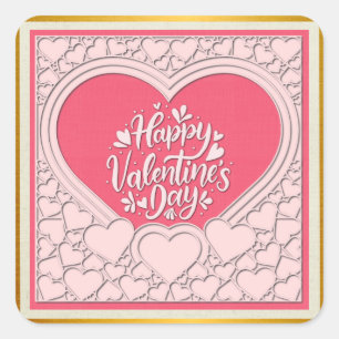 Elegant Pink Heart Happy Valentine's Day Stylish Square Sticker