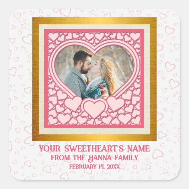 Elegant Pink Heart Happy Valentine's Day Stylish Square Sticker (Front)
