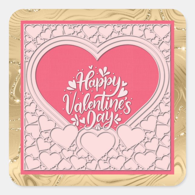 Elegant Pink Heart Happy Valentine's Day Stylish Square Sticker (Front)