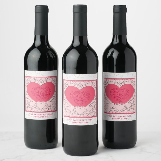 Elegant Pink Heart Happy Valentine's Day Stylish Wine Label (Bottles)