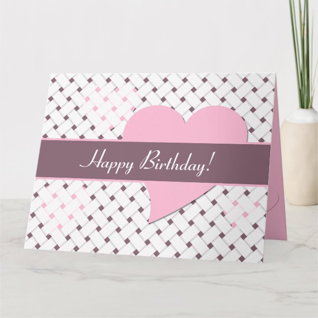 Elegant Pink Hearts, Dusky Purple, White Birthday Card (Front)