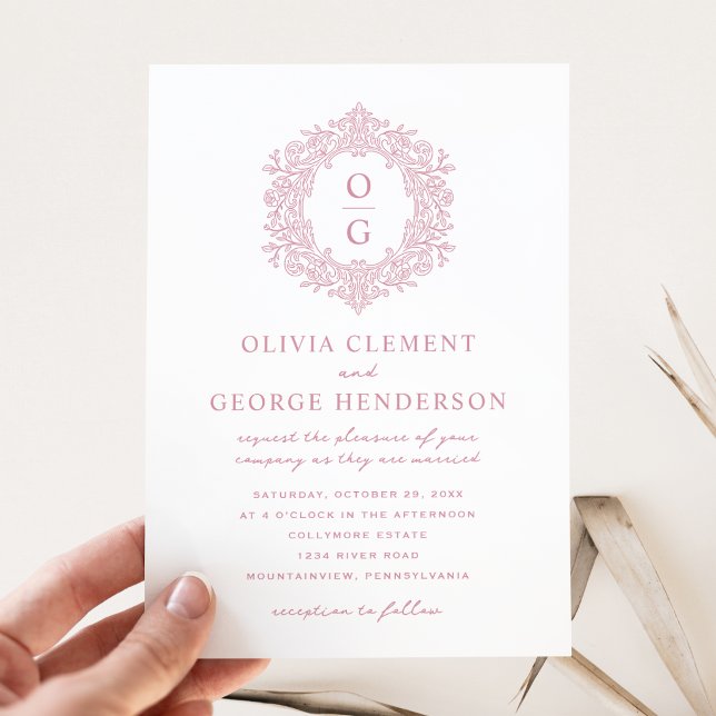 Elegant Pink Heirloom Crest Wedding Invitation (Creator Uploaded)