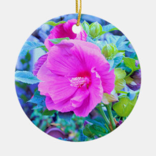 Elegant Pink Hibiscus Flower with Aqua Foliage Ceramic Tree Decoration