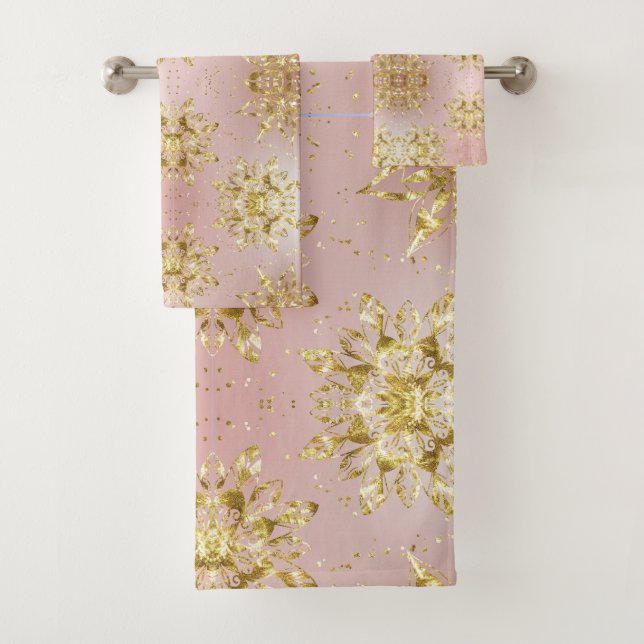 Elegant Pink  holiday Snowflakes stars Christmas Bath Towel Set (Insitu)