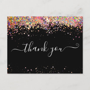 Elegant Pink Holographic Glitter Black Thank You Postcard
