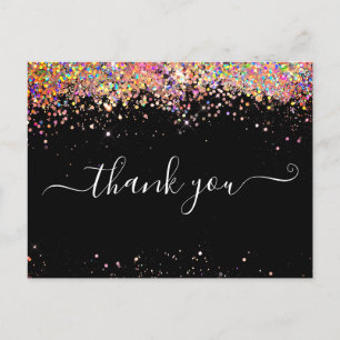 Elegant Pink Holographic Glitter Black Thank You Postcard