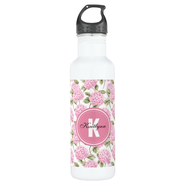 Elegant Pink Hydragea Flowers Pattern Monogram 710 Ml Water Bottle (Front)