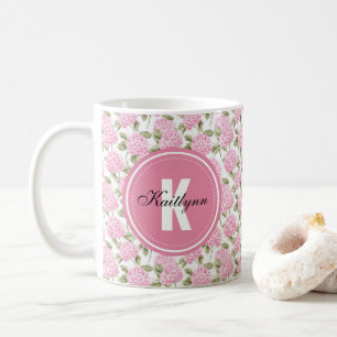Elegant Pink Hydragea Flowers Pattern Monogram Coffee Mug
