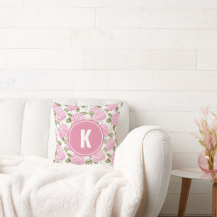 Elegant Pink Hydragea Flowers Pattern Monogram Cushion