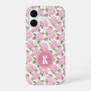 Elegant Pink Hydragea Flowers Pattern Monogram iPhone 16 Case